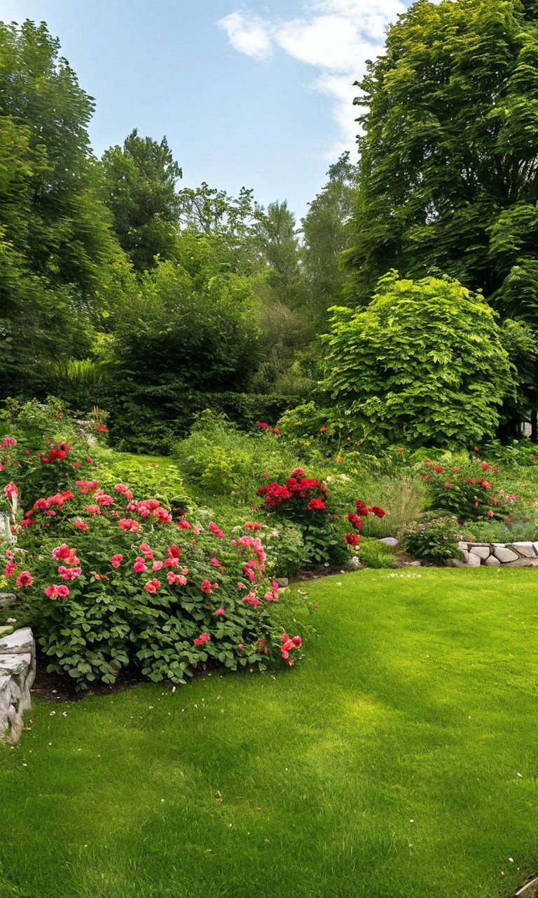 Green garden with roses and lush trees