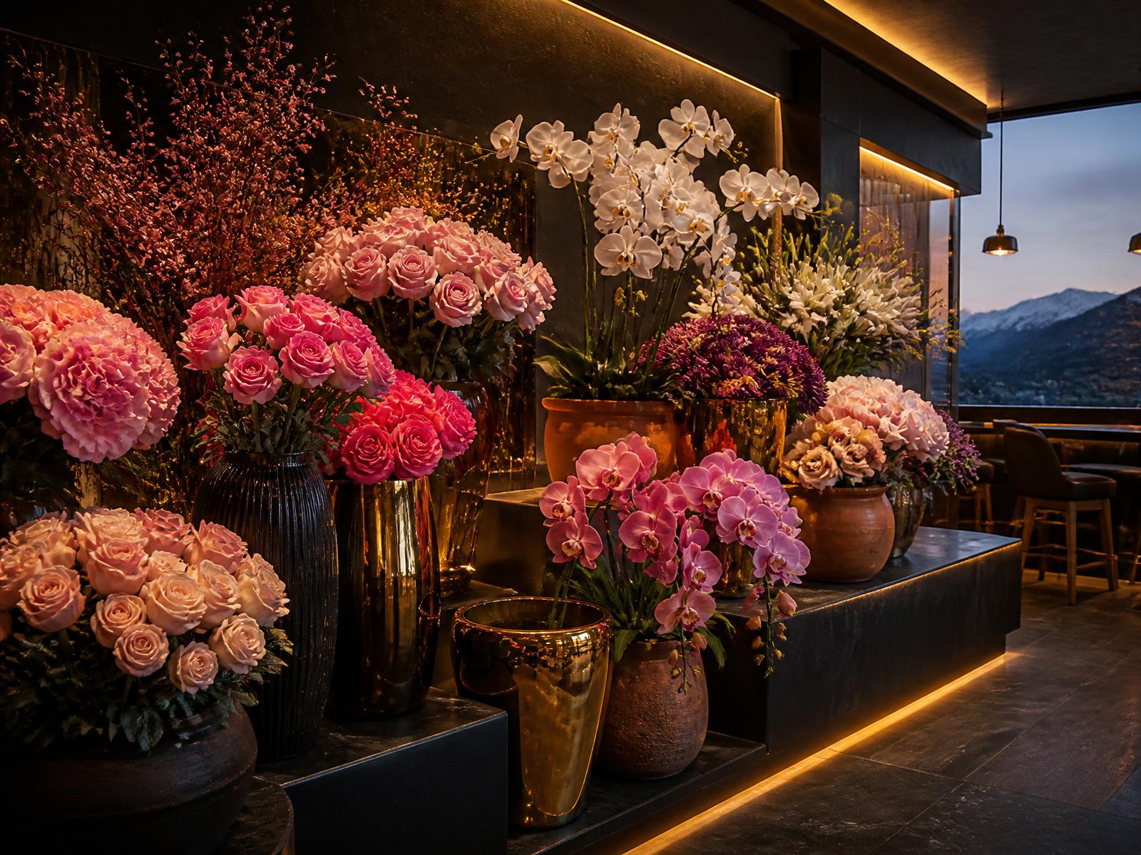 The Botanical Corner — flowering orchids, roses and sculptural greenery in artistic pots