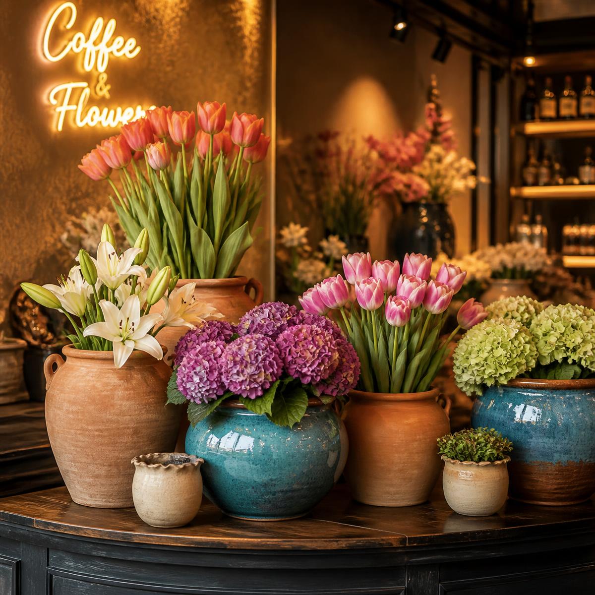 Tulips, lilies and hydrangeas in terracotta pots