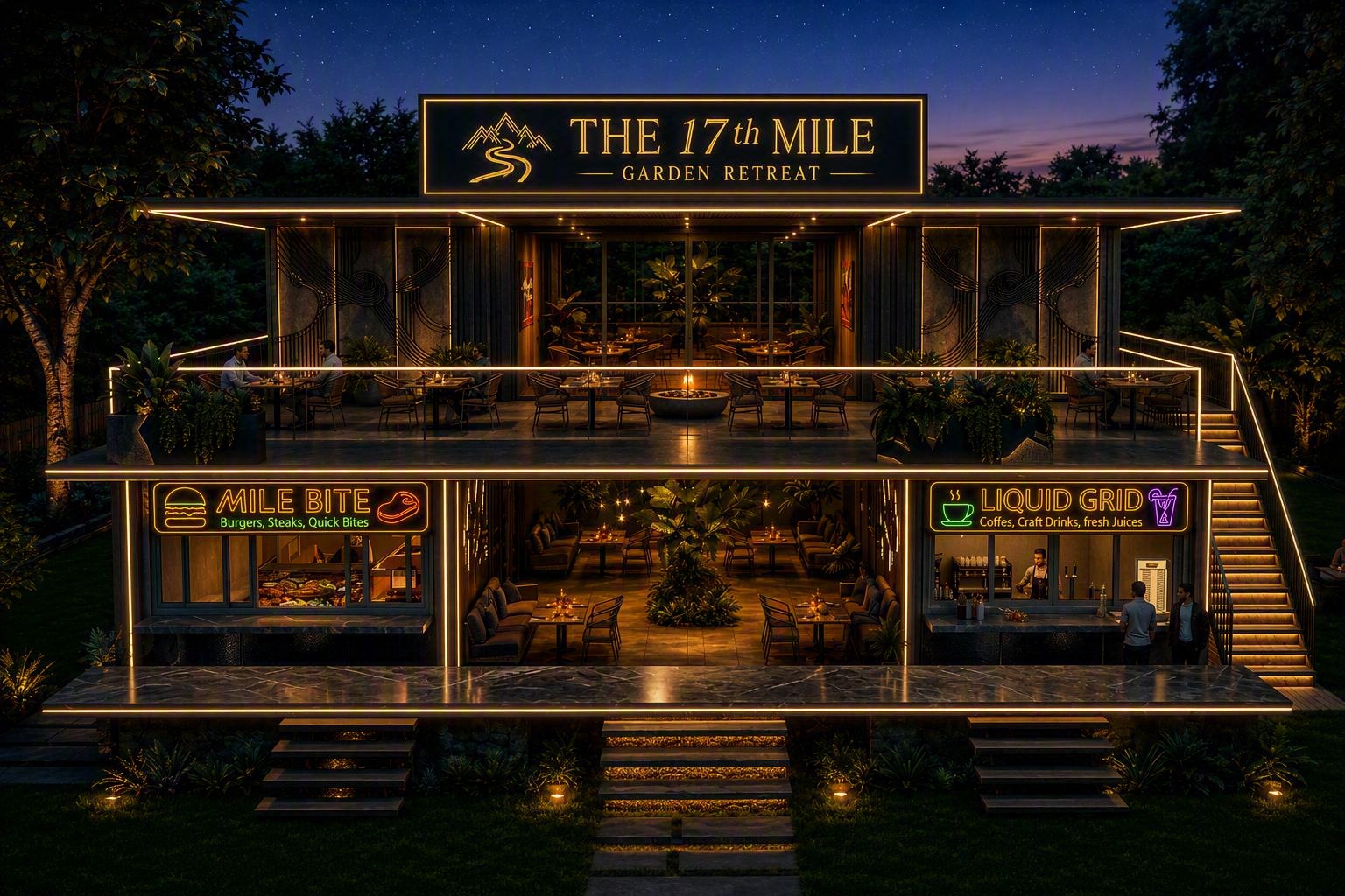 The 17th Mile — two-story restaurant glowing at dusk with mountain forest backdrop