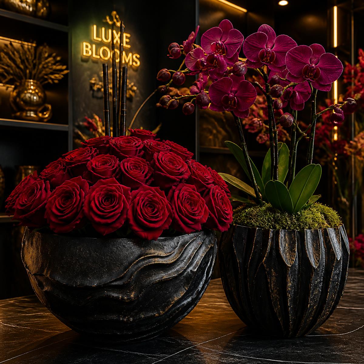 Roses and orchids in sculptural pots